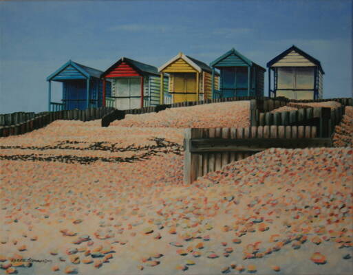 Beach Huts and Groines - Acrylic on canvas - 350 x 450 mm - Framed