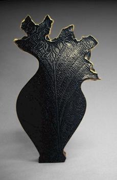 Black Gold - Black Earthenware slab-built sculptural vessel, decorated with gold luster