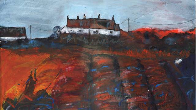Red Roof Cottages, Moray - 2014 - Mixed Media on Paper - Mounted Size 27.5 X 9cm